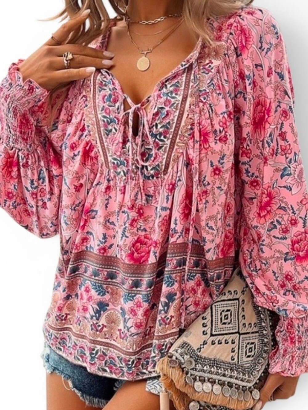 BEACHSISSI Pink Boho Floral Tie Neck Flowy Blouse - Small